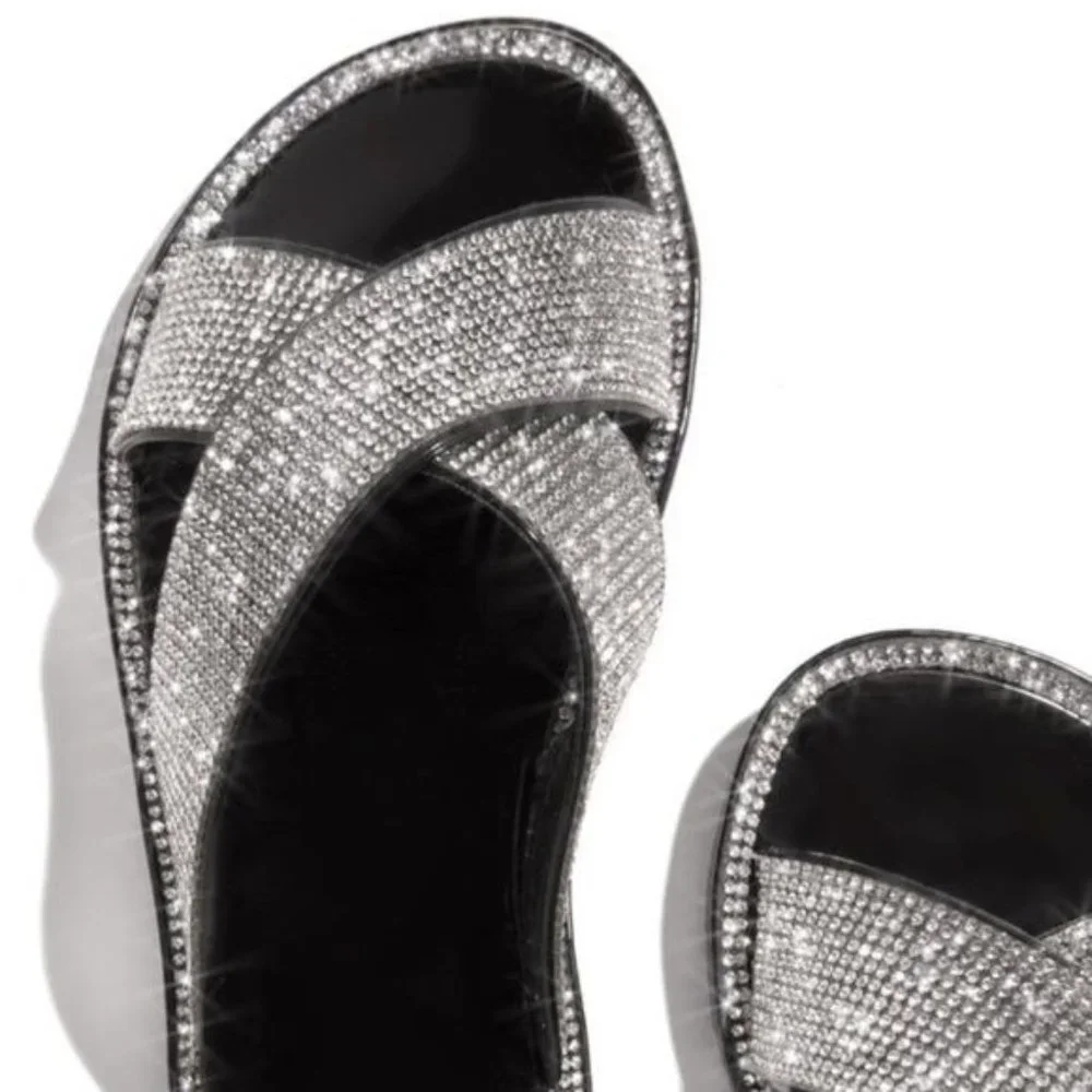NEW Embellished Criss Cross Jelly Slides in Black - Picture 4 of 6